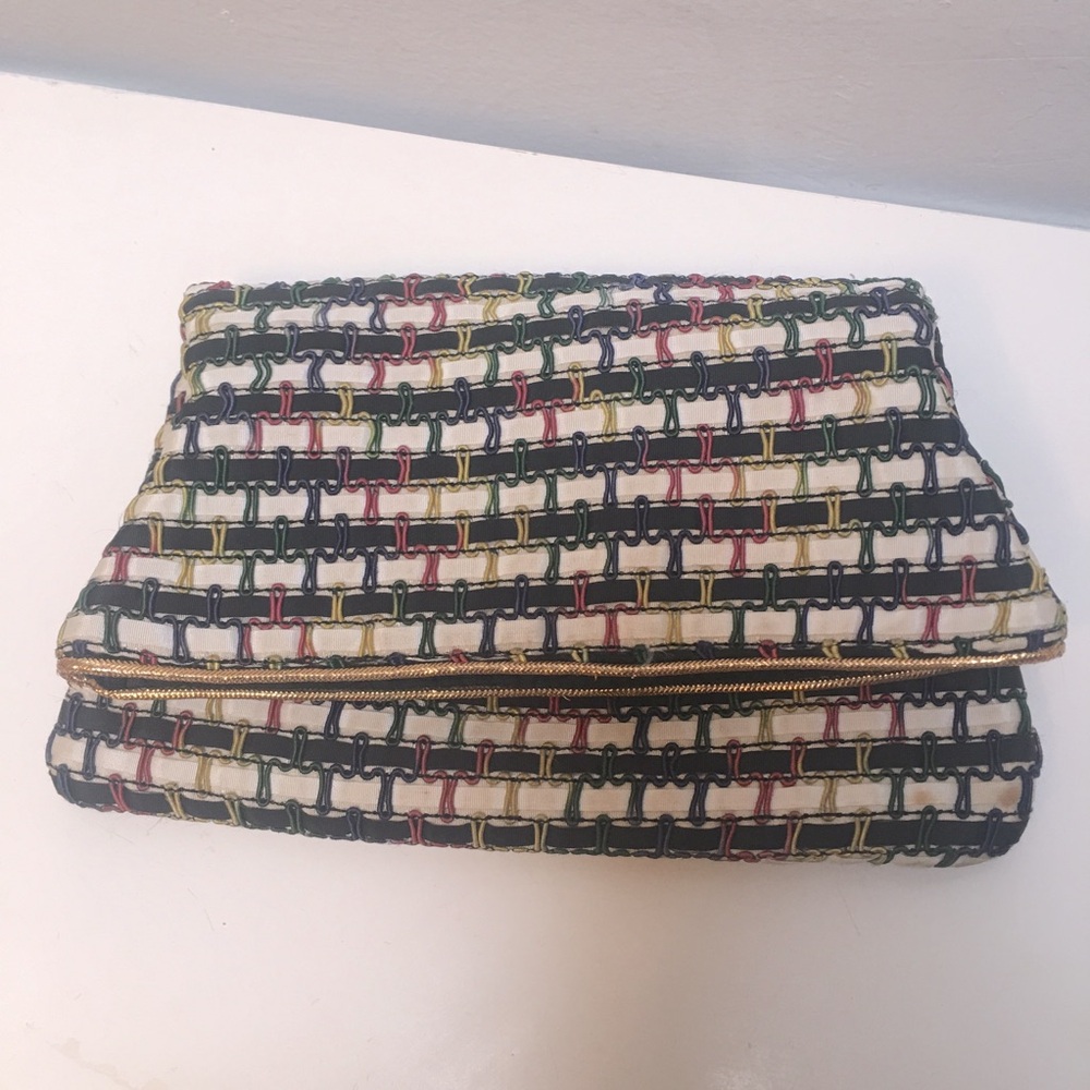 Vintage 60s fold over clutch bag multi color hook stitch